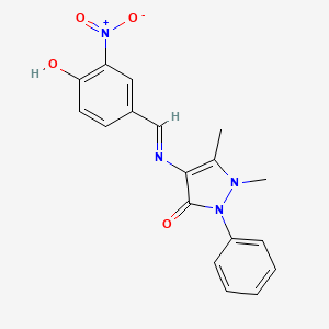 molecular formula C18H16N4O4 B2949523 (E)-4-((4-hydroxy-3-nitrobenzylidene)amino)-1,5-dimethyl-2-phenyl-1H-pyrazol-3(2H)-one CAS No. 1211454-78-2