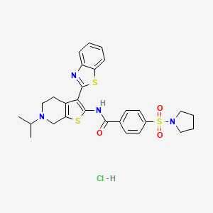 molecular formula C28H31ClN4O3S3 B2949535 N-(3-(benzo[d]thiazol-2-yl)-6-isopropyl-4,5,6,7-tetrahydrothieno[2,3-c]pyridin-2-yl)-4-(pyrrolidin-1-ylsulfonyl)benzamide hydrochloride CAS No. 1216435-06-1