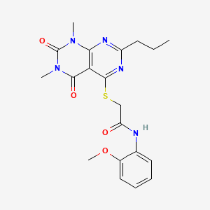 molecular formula C20H23N5O4S B2949538 2-((6,8-dimethyl-5,7-dioxo-2-propyl-5,6,7,8-tetrahydropyrimido[4,5-d]pyrimidin-4-yl)thio)-N-(2-methoxyphenyl)acetamide CAS No. 852171-22-3