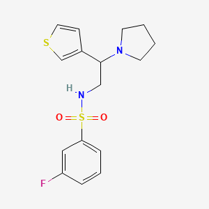 molecular formula C16H19FN2O2S2 B2949543 3-fluoro-N-(2-(pyrrolidin-1-yl)-2-(thiophen-3-yl)ethyl)benzenesulfonamide CAS No. 955237-80-6