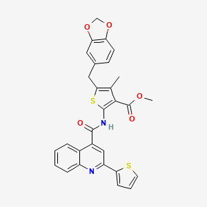 molecular formula C29H22N2O5S2 B2949548 Methyl 5-(benzo[d][1,3]dioxol-5-ylmethyl)-4-methyl-2-(2-(thiophen-2-yl)quinoline-4-carboxamido)thiophene-3-carboxylate CAS No. 476366-97-9