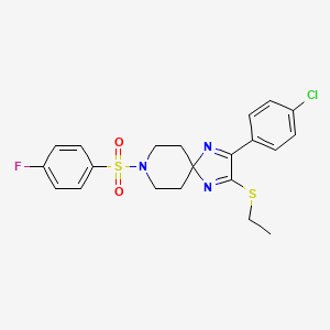 molecular formula C21H21ClFN3O2S2 B2949549 2-(4-Chlorophenyl)-3-(ethylthio)-8-((4-fluorophenyl)sulfonyl)-1,4,8-triazaspiro[4.5]deca-1,3-diene CAS No. 932340-00-6