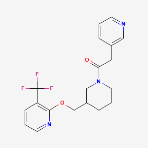 molecular formula C19H20F3N3O2 B2949572 2-Pyridin-3-yl-1-[3-[[3-(trifluoromethyl)pyridin-2-yl]oxymethyl]piperidin-1-yl]ethanone CAS No. 2379985-63-2