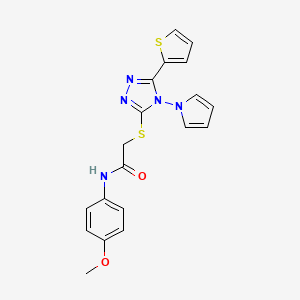 molecular formula C19H17N5O2S2 B2949580 N-(4-methoxyphenyl)-2-{[4-(1H-pyrrol-1-yl)-5-(thiophen-2-yl)-4H-1,2,4-triazol-3-yl]sulfanyl}acetamide CAS No. 886937-22-0