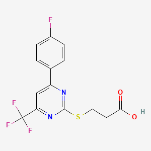 molecular formula C14H10F4N2O2S B2949597 3-{[4-(4-Fluorophenyl)-6-(trifluoromethyl)-pyrimidin-2-yl]thio}propanoic acid CAS No. 514180-29-1