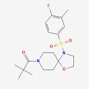 molecular formula C19H27FN2O4S B2949602 8-(2,2-Dimethylpropanoyl)-4-[(4-fluoro-3-methylphenyl)sulfonyl]-1-oxa-4,8-diazaspiro[4.5]decane CAS No. 946262-28-8