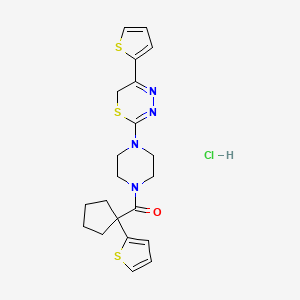 molecular formula C21H25ClN4OS3 B2949612 (4-(5-(thiophen-2-yl)-6H-1,3,4-thiadiazin-2-yl)piperazin-1-yl)(1-(thiophen-2-yl)cyclopentyl)methanone hydrochloride CAS No. 1351642-93-7