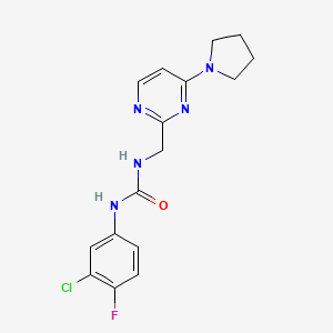 molecular formula C16H17ClFN5O B2949618 1-(3-Chloro-4-fluorophenyl)-3-((4-(pyrrolidin-1-yl)pyrimidin-2-yl)methyl)urea CAS No. 1795297-92-5