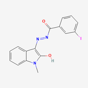 molecular formula C16H12IN3O2 B2949689 3-iodo-N'-[(3E)-1-methyl-2-oxo-1,2-dihydro-3H-indol-3-ylidene]benzohydrazide CAS No. 324777-38-0