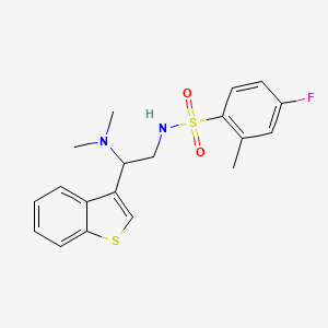 molecular formula C19H21FN2O2S2 B2949733 N-(2-(benzo[b]thiophen-3-yl)-2-(dimethylamino)ethyl)-4-fluoro-2-methylbenzenesulfonamide CAS No. 2034391-38-1