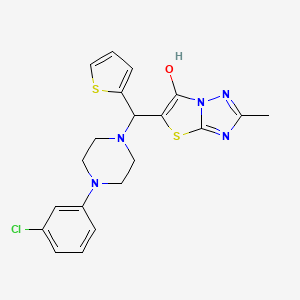 molecular formula C20H20ClN5OS2 B2949734 5-((4-(3-Chlorophenyl)piperazin-1-yl)(thiophen-2-yl)methyl)-2-methylthiazolo[3,2-b][1,2,4]triazol-6-ol CAS No. 851970-28-0