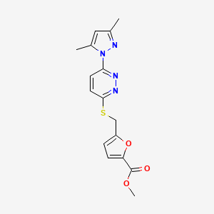 molecular formula C16H16N4O3S B2949751 5-(((6-(3,5-二甲基-1H-吡唑-1-基)哒嗪-3-基)硫代)甲基)呋喃-2-甲酸甲酯 CAS No. 1334368-46-5