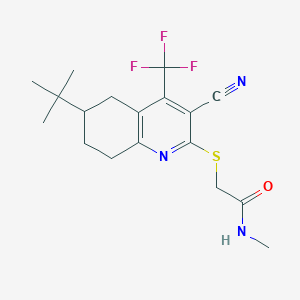 molecular formula C18H22F3N3OS B2949836 2-((6-(tert-butyl)-3-cyano-4-(trifluoromethyl)-5,6,7,8-tetrahydroquinolin-2-yl)thio)-N-methylacetamide CAS No. 905787-31-7