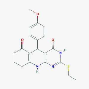 molecular formula C20H21N3O3S B2949855 2-(ethylsulfanyl)-5-(4-methoxyphenyl)-5,8,9,10-tetrahydropyrimido[4,5-b]quinoline-4,6(3H,7H)-dione CAS No. 537043-02-0