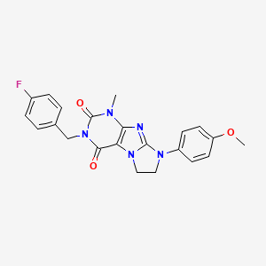 molecular formula C22H20FN5O3 B2949875 2-[(4-Fluorophenyl)methyl]-6-(4-methoxyphenyl)-4-methyl-7,8-dihydropurino[7,8-a]imidazole-1,3-dione CAS No. 893951-36-5