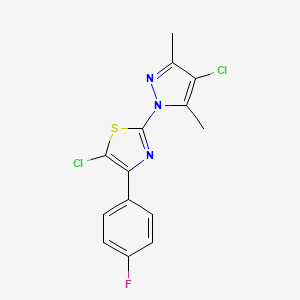 molecular formula C14H10Cl2FN3S B2950109 5-chloro-2-(4-chloro-3,5-dimethyl-1H-pyrazol-1-yl)-4-(4-fluorophenyl)-1,3-thiazole CAS No. 956705-89-8