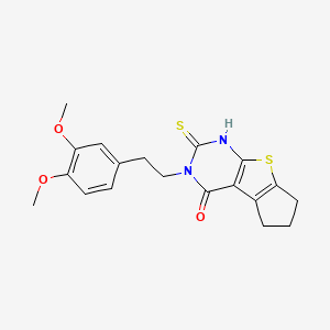 molecular formula C19H20N2O3S2 B2950146 11-[2-(3,4-Dimethoxyphenyl)ethyl]-10-sulfanyl-7-thia-9,11-diazatricyclo[6.4.0.0,2,6]dodeca-1(8),2(6),9-trien-12-one CAS No. 735322-59-5