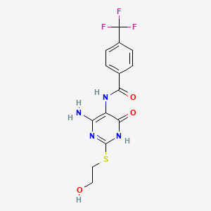 molecular formula C14H13F3N4O3S B2950148 N-(4-amino-2-((2-hydroxyethyl)thio)-6-oxo-1,6-dihydropyrimidin-5-yl)-4-(trifluoromethyl)benzamide CAS No. 888434-04-6