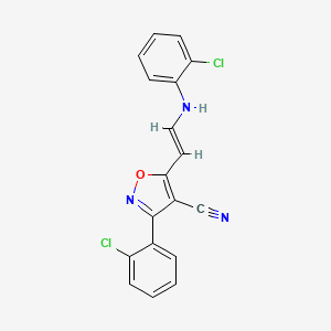 molecular formula C18H11Cl2N3O B2950192 5-[(E)-2-(2-chloroanilino)ethenyl]-3-(2-chlorophenyl)-1,2-oxazole-4-carbonitrile CAS No. 320415-81-4