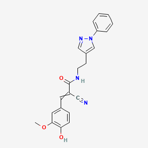 molecular formula C22H20N4O3 B2950203 2-cyano-3-(4-hydroxy-3-methoxyphenyl)-N-[2-(1-phenyl-1H-pyrazol-4-yl)ethyl]prop-2-enamide CAS No. 1798406-76-4