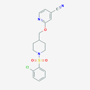 molecular formula C18H18ClN3O3S B2950208 2-[[1-(2-Chlorophenyl)sulfonylpiperidin-4-yl]methoxy]pyridine-4-carbonitrile CAS No. 2379971-15-8