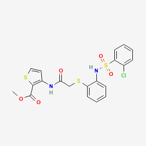 molecular formula C20H17ClN2O5S3 B2950256 Methyl 3-({2-[(2-{[(2-chlorophenyl)sulfonyl]amino}phenyl)sulfanyl]acetyl}amino)-2-thiophenecarboxylate CAS No. 477887-57-3