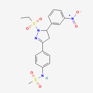 molecular formula C18H20N4O6S2 B2950289 N-[4-[2-ethylsulfonyl-3-(3-nitrophenyl)-3,4-dihydropyrazol-5-yl]phenyl]methanesulfonamide CAS No. 838815-67-1