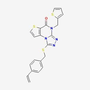 molecular formula C21H16N4OS3 B2950320 4-(thiophen-2-ylmethyl)-1-((4-vinylbenzyl)thio)thieno[2,3-e][1,2,4]triazolo[4,3-a]pyrimidin-5(4H)-one CAS No. 1223772-12-0