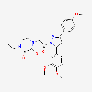 molecular formula C26H30N4O6 B2950343 1-(2-(5-(3,4-dimethoxyphenyl)-3-(4-methoxyphenyl)-4,5-dihydro-1H-pyrazol-1-yl)-2-oxoethyl)-4-ethylpiperazine-2,3-dione CAS No. 868965-20-2