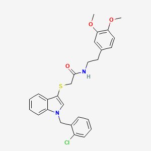 molecular formula C27H27ClN2O3S B2950350 2-[1-[(2-chlorophenyl)methyl]indol-3-yl]sulfanyl-N-[2-(3,4-dimethoxyphenyl)ethyl]acetamide CAS No. 450351-34-5