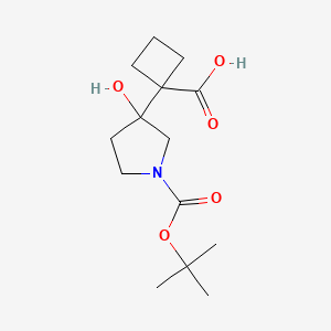 molecular formula C14H23NO5 B2950366 1-{1-[(Tert-butoxy)carbonyl]-3-hydroxypyrrolidin-3-yl}cyclobutane-1-carboxylic acid CAS No. 2155854-92-3