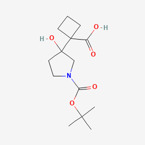 molecular formula C14H23NO5 B2950366 1-{1-[(叔丁氧羰基)羰基]-3-羟基吡咯烷-3-基}环丁烷-1-羧酸 CAS No. 2155854-92-3