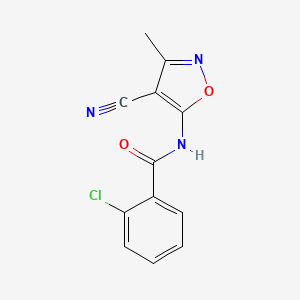 molecular formula C12H8ClN3O2 B2950440 2-chloro-N-(4-cyano-3-methyl-5-isoxazolyl)benzenecarboxamide CAS No. 478033-15-7