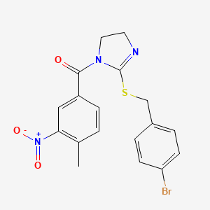 molecular formula C18H16BrN3O3S B2950460 [2-[(4-Bromophenyl)methylsulfanyl]-4,5-dihydroimidazol-1-yl]-(4-methyl-3-nitrophenyl)methanone CAS No. 851800-71-0