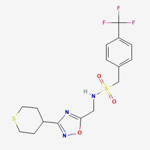 molecular formula C16H18F3N3O3S2 B2950493 N-((3-(tetrahydro-2H-thiopyran-4-yl)-1,2,4-oxadiazol-5-yl)methyl)-1-(4-(trifluoromethyl)phenyl)methanesulfonamide CAS No. 2034421-65-1