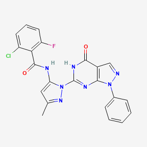 molecular formula C22H15ClFN7O2 B2950579 2-chloro-6-fluoro-N-(3-methyl-1-(4-oxo-1-phenyl-4,5-dihydro-1H-pyrazolo[3,4-d]pyrimidin-6-yl)-1H-pyrazol-5-yl)benzamide CAS No. 1172944-14-7