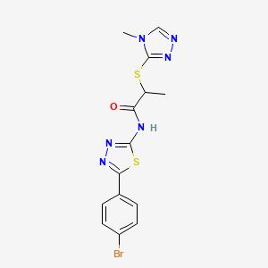 molecular formula C14H13BrN6OS2 B2950583 N-(5-(4-bromophenyl)-1,3,4-thiadiazol-2-yl)-2-((4-methyl-4H-1,2,4-triazol-3-yl)thio)propanamide CAS No. 394234-39-0