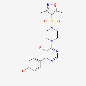 molecular formula C20H22FN5O4S B2950654 4-[4-[5-Fluoro-6-(4-methoxyphenyl)pyrimidin-4-yl]piperazin-1-yl]sulfonyl-3,5-dimethyl-1,2-oxazole CAS No. 2380183-17-3