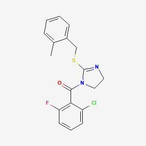 molecular formula C18H16ClFN2OS B2950657 (2-Chloro-6-fluorophenyl)-[2-[(2-methylphenyl)methylsulfanyl]-4,5-dihydroimidazol-1-yl]methanone CAS No. 862826-87-7