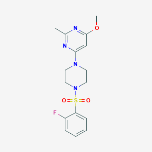 molecular formula C16H19FN4O3S B2950670 4-(4-((2-Fluorophenyl)sulfonyl)piperazin-1-yl)-6-methoxy-2-methylpyrimidine CAS No. 946325-66-2