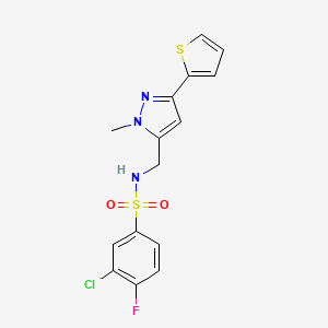 molecular formula C15H13ClFN3O2S2 B2950677 3-chloro-4-fluoro-N-{[1-methyl-3-(thiophen-2-yl)-1H-pyrazol-5-yl]methyl}benzene-1-sulfonamide CAS No. 2310144-38-6