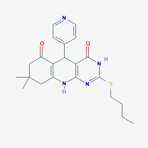 molecular formula C22H26N4O2S B2950697 2-(butylsulfanyl)-8,8-dimethyl-5-(pyridin-4-yl)-5,8,9,10-tetrahydropyrimido[4,5-b]quinoline-4,6(3H,7H)-dione CAS No. 631855-54-4