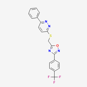 molecular formula C20H13F3N4OS B2950710 3-Phenyl-6-[({3-[4-(trifluoromethyl)phenyl]-1,2,4-oxadiazol-5-yl}methyl)thio]pyridazine CAS No. 1114944-88-5