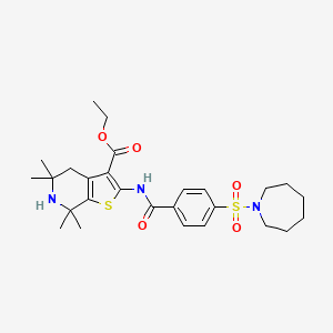 molecular formula C27H37N3O5S2 B2950737 Ethyl 2-[[4-(azepan-1-ylsulfonyl)benzoyl]amino]-5,5,7,7-tetramethyl-4,6-dihydrothieno[2,3-c]pyridine-3-carboxylate CAS No. 449783-27-1