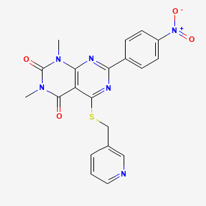 molecular formula C20H16N6O4S B2950768 1,3-dimethyl-7-(4-nitrophenyl)-5-((pyridin-3-ylmethyl)thio)pyrimido[4,5-d]pyrimidine-2,4(1H,3H)-dione CAS No. 847190-72-1