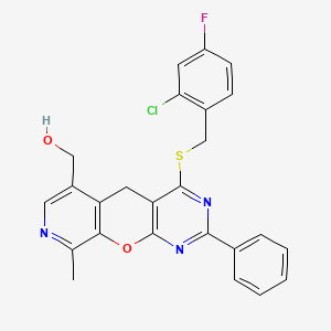 molecular formula C25H19ClFN3O2S B2950839 (7-{[(2-Chloro-4-fluorophenyl)methyl]sulfanyl}-14-methyl-5-phenyl-2-oxa-4,6,13-triazatricyclo[8.4.0.0^{3,8}]tetradeca-1(10),3(8),4,6,11,13-hexaen-11-yl)methanol CAS No. 892416-53-4