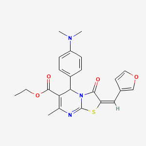 molecular formula C23H23N3O4S B2950944 (E)-ethyl 5-(4-(dimethylamino)phenyl)-2-(furan-3-ylmethylene)-7-methyl-3-oxo-3,5-dihydro-2H-thiazolo[3,2-a]pyrimidine-6-carboxylate CAS No. 445025-78-5