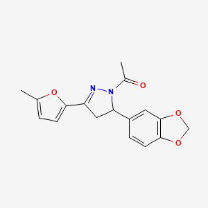 molecular formula C17H16N2O4 B2951157 1-(5-(benzo[d][1,3]dioxol-5-yl)-3-(5-methylfuran-2-yl)-4,5-dihydro-1H-pyrazol-1-yl)ethanone CAS No. 1400025-52-6