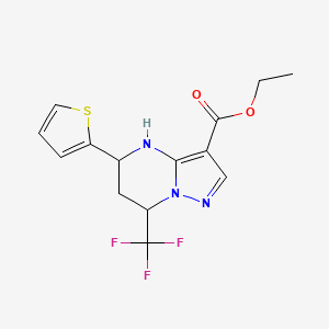 molecular formula C14H14F3N3O2S B2951221 Ethyl 5-(2-thienyl)-7-(trifluoromethyl)-4,5,6,7-tetrahydropyrazolo[1,5-a]pyrimidine-3-carboxylate CAS No. 827592-52-9