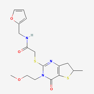 molecular formula C17H21N3O4S2 B2951225 N-(furan-2-ylmethyl)-2-((3-(2-methoxyethyl)-6-methyl-4-oxo-3,4,6,7-tetrahydrothieno[3,2-d]pyrimidin-2-yl)thio)acetamide CAS No. 851410-18-9